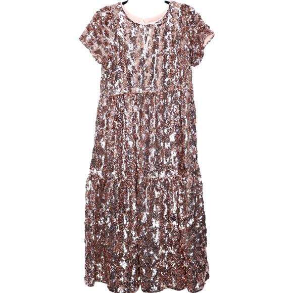 MAEVE NEW Bernadette Sequined Midi Dress Pink Rose Tiered Lined Women's XS - Picture 1 of 14